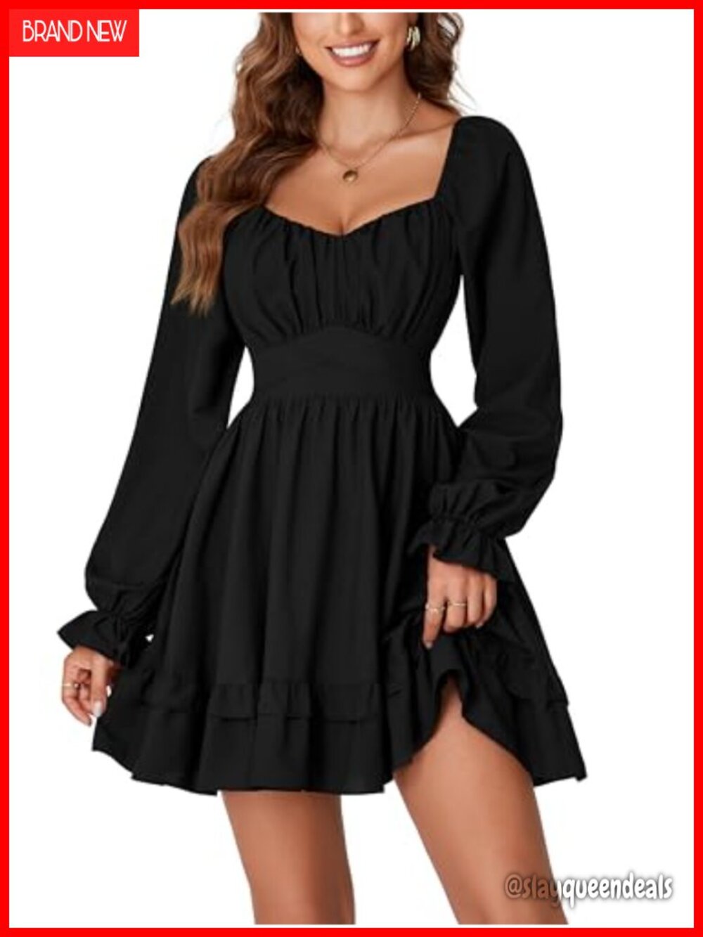 Women's Long Sleeve Wrap Mini Dress Square Neck Ruffle A-Line Casual
